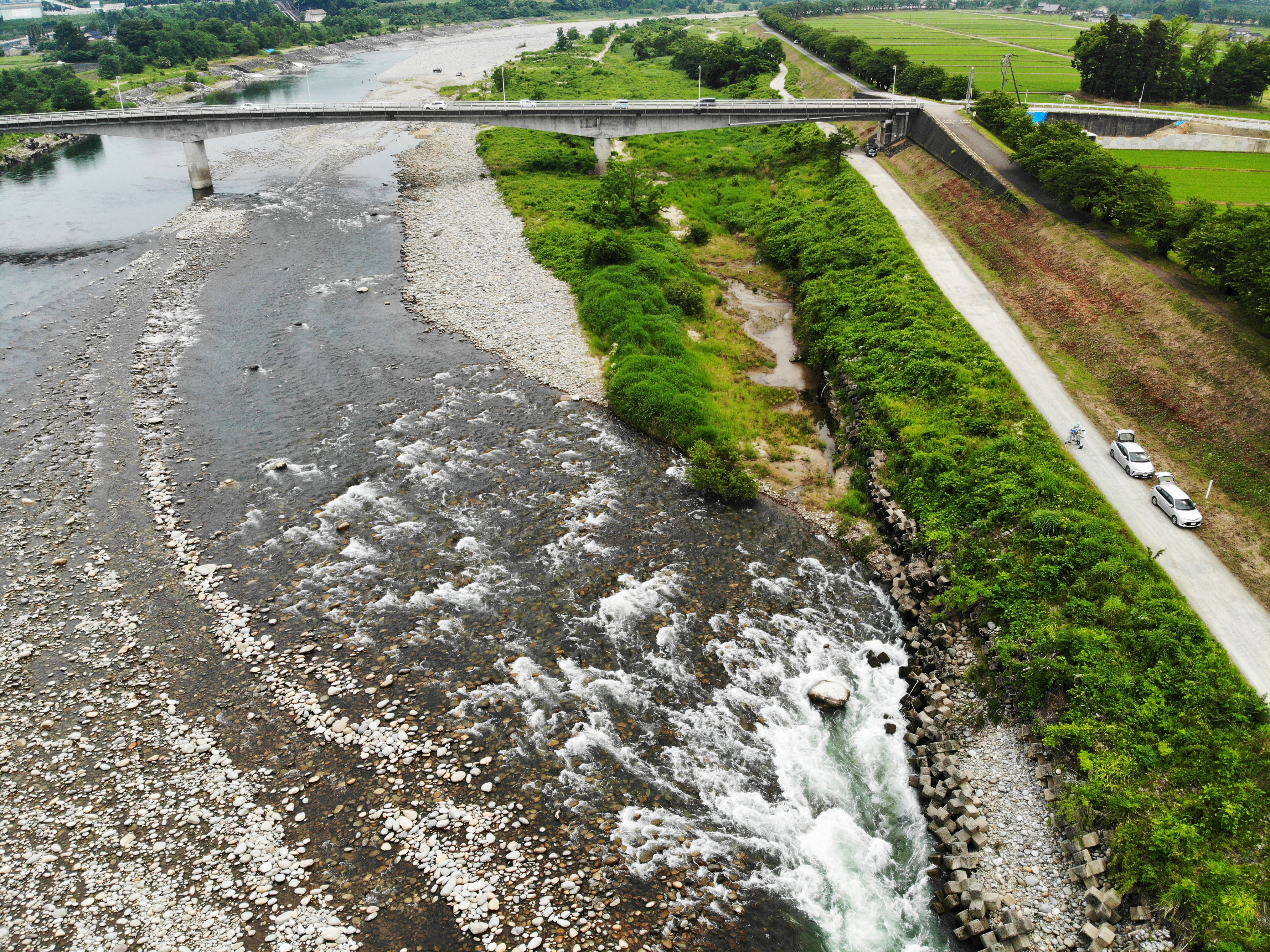 Image taken by a drone to inspect the banks on Jinzu River (in Toyama Prefecture)